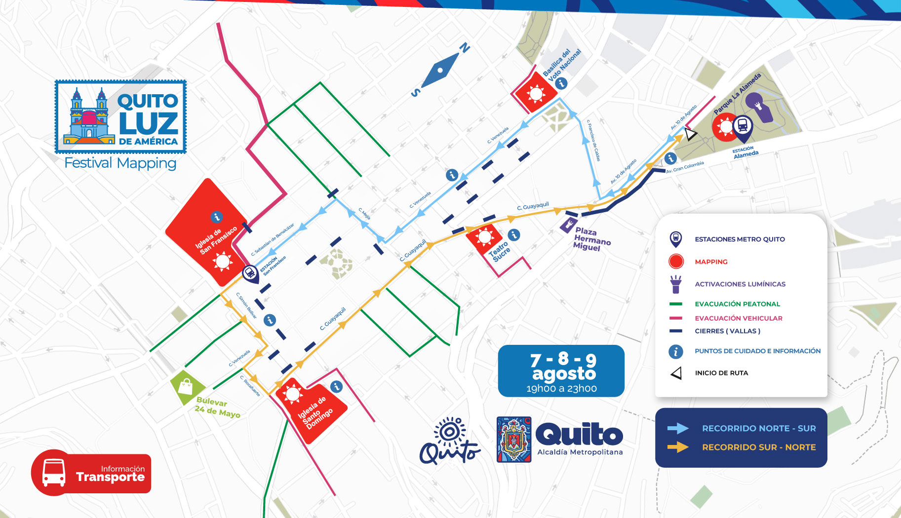 Mapa del Festival Quito Luz de América con puntos de mapping, activaciones lumínicas, rutas, transporte y puntos de información